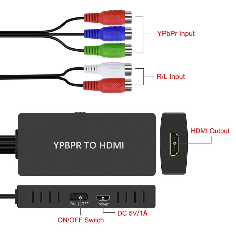 Dingsun Component to HDMI Converter, YPbPr/RGB+R/L to HDMI Converter Adapter, Support 720P/ 1080P for DVD, VSH, Blu-Ray Player, Wii, PS2/PS3, Xbox 360, Gamecube and More (Female) - Image 2